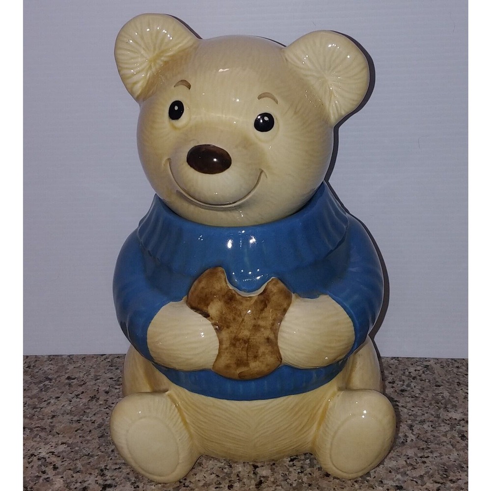 METLOX TEDDY BEAR COOKIE JAR VINTAGE BLUE SHIRT CALIFORNIA USA